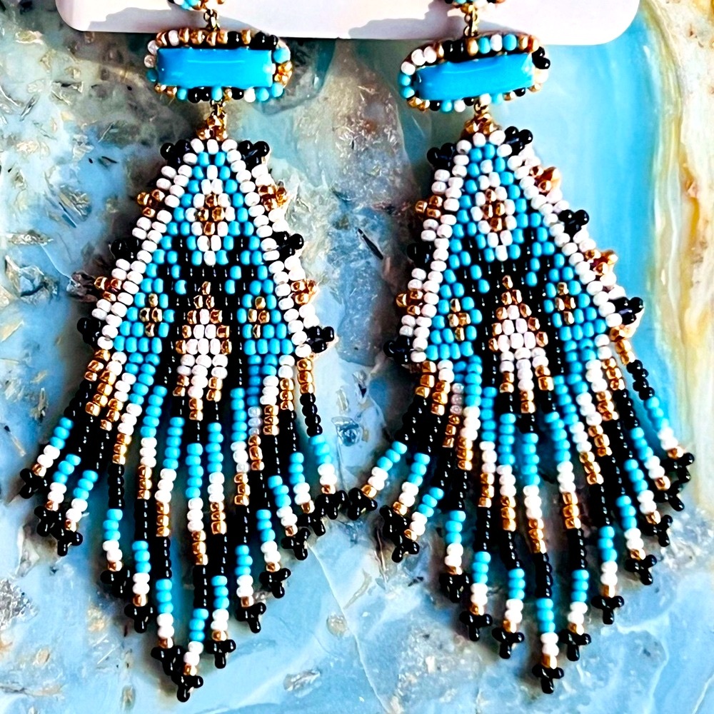 NWT Deepa Gurnani Turquoise Beaded Fringe Chandeliers - Picture 4 of 13